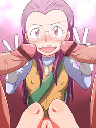 bottomless digimon digimon_adventure_02 female glasses human miyako_inoue multiple_penises penis purple_hair pussy