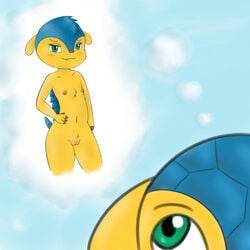 2014 anthro armadillo blush claws cute female fifa flat_chested fuleco fur green_eyes hair looking_at_viewer mammal mascot nipples nude plain_background pussy smile yellow_fur zekromlover