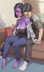1boy 1boy1girl 1girls barefoot big_breasts blue_jeans blush borrowed_character breasts cleavage couch cyclops english_text full_body greying_hair hoop_earrings incest interspecies inukai_wei jeans large_breasts looking_at_viewer mature_female milf mother mother_and_son off-shoulder_shirt one-eyed original pinkerlicious purple-skinned_female purple_eyes purple_skin sitting sitting_on_lap sniffing sniffing_neck strap_slip text