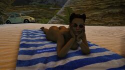 apex_legends ass beach big_ass big_breasts braided_hair braided_twintails breasts dark-skinned_female laying_on_towel loba loba_(apex_legends) loba_andrade looking_at_viewer nude nude_female sunglasses towel two_tone_hair