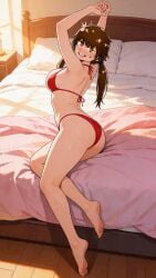 esthersita esther_waifu brown_hair brown_eyes twintails_(hairstyle) twintails bikini red_bikini suggestive_look suggestive_pose suggestive_posing bubble_butt wide_hips hourglass_figured_female lying_on_bed lying bed bedroom ai_generated hi_res high_resolution absurd_res twitch guibelverse looking_at_viewer looking_pleasured feet female_focus female arms_up