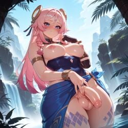 1futa ai_generated armlet blue_eyes blush bracelet braid breasts citlali_(genshin_impact) clauss closed_mouth covered_navel day erection fingerless_gloves futa_only futanari genshin_impact gloves hair_ornament jewelry large_breasts light-skinned_futa long_hair nipples outdoors penis pink_hair ring sarong single_glove sky solo testicles uncensored water waterfall