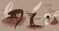 anthro arthropod biting_sheets blush bodily_fluids breath dialogue duo ejaculation featureless_feet featureless_hands feet female female/female futanari genital_fluids grinding handwritten_text hi_res hollow_knight:_silksong hollow_knight_(franchise) hornet_(hollow_knight) insect insect_genitalia lace_(hollow_knight:_silksong) mouthless multiple_poses ovipositor pose scent_marking shaking speech_bubble team_cherry text tremble_spikes trembling urine urine_drip urine_pool watersports weapon weaselpuss