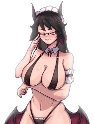 1girls absurd_res bikini black_hair blush blusn boobs closed_eyes dragon_girl dragon_humanoid dragon_wings dragonmaid_series_(yu-gi-oh!) dragonmaid_sheou duel_monster embarrassed female_only fringe glasses hi_res house_dragonmaid huge_breasts konami large_breasts light_skin looking_at_another maid maid_bikini maid_headdress maid_outfit navel nervous pose simple_background sling_bikini solo spicezino5 standing sweatdrop thighs wings younger_female yu-gi-oh!