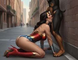 1animal 1girls ai_generated blowjob dc dc_comics dog dog_blowjob public_sex superheroine uniform wonder_woman wonder_woman_(series) zoophilia