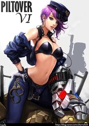 1girls bare_midriff bikini_top blitzcrank caitlyn_kiramman cherrylich cigarette female league_of_legends light-skinned_female light_skin officer_caitlyn officer_vi piercing pink_hair smoking solo tagme vi