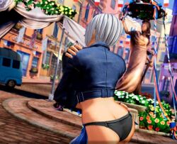 1girls solo female female_only female_focus ass ass_focus black_panties the_king_of_fighters_xv the_king_of_fighters king_of_fighters king_of_fighters_xv snk white_hair short_hair angel_(kof) black_gloves fingerless_gloves 3d game_screenshot screenshot screencap black_jacket leather_jacket cropped_jacket butt_crack butt chaps backless_pants outdoors