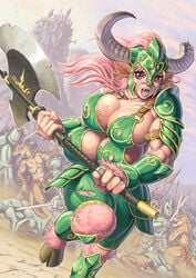 animal_ears armor axe battle_axe biceps big_breasts blood breasts broken_horn cleavage earrings fangs female helmet highres hooves horns huge_breasts human jewelry large_breasts male minotaur minotaur_female monster monster_girl multi_breast multiple_boys muscle muscular_female necklace perky_breasts pink_eyes pink_fur pink_hair polearm reptile ring ripped_clothing sideboob sword tattoo u-ten veins weapon