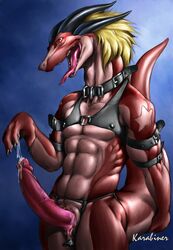 anal anal_sex anus collar cum dragon erection hair horn karabiner long_hair male male_only penetration penis raised_tail red_eyes scalie slit solo straps tongue tongue_out toy