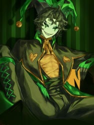 clown_boy hadau harlequin_(the_freak_circus) smiling_at_viewer smiling_male solo_focus solo_male the_freak_circus wide_spread_legs