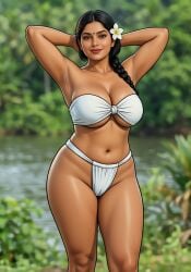1girls ai_assisted ai_generated armpit_crease armpits arms_behind_head bandeau belly_button bindi black_hair black_outline blurry_background caramel-skinned_female eyelashes female flower_in_hair fundoshi gemini greenery grok hair_over_shoulder hourglass_figure indian indian_female large_breasts lipstick looking_at_viewer mature_woman midriff narrow_waist nature_background outdoor_background pelvic_line realistic rgomez007 river seductive_look self_upload single_braid smiling_at_viewer solo_female standing thick_lips thick_outline thick_thighs traditional_clothes underboob white_clothing wide_hips