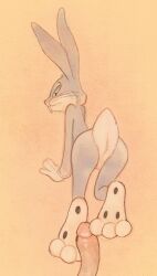 3_toes all_fours anthro buckteeth bugs_bunny butt clothing feet foot_fetish foot_play footjob genitals gloves half-closed_eyes handwear hi_res kneeling lagomorph lanolin04 leporid looking_back looney_tunes male mammal narrowed_eyes penis rabbit scut_tail sex short_tail solo tail tall_ears teeth toes warner_brothers