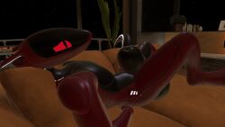 3d balls cock dick furry indoors inside knot knotted_penis laying_back laying_on_back laying_on_couch male_focus male_only penis ray_(rrtcommander) red_body red_eyes sheath sucking_penis synth_(vader-san) truemuffin vrchat vrchat_avatar
