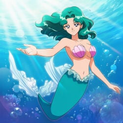 1girl adult_swim alluring big_breasts bishoujo_senshi_sailor_moon bishoujo_senshi_sailor_moon_s bishoujo_senshi_sailor_moon_s_the_movie bishoujo_senshi_sailor_moon_supers bishoujo_senshi_sailor_moon_supers_the_movie blue_eyes cleavage female mermaid michiru_kaiou solo teal_hair toei_animation toonami underwater viz_media wolf_(artist)