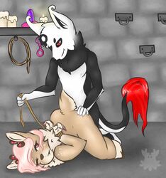 anthro ass bondage bound cervine coltores deer dungeon female furry furry_only male mammal no_humans one_eye_closed pink_eyes red_eyes sex straight wink