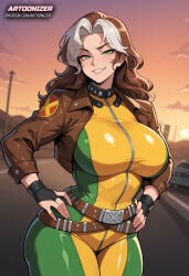 ai_generated artoonizer belt big_ass big_breasts bodysuit bomber_jacket brown_hair female fingerless_gloves gauntlets green_eyes holster huge_breasts large_breasts light-skinned_female light_skin long_hair looking_at_viewer marvel marvel_comics marvel_rivals multicolored_hair outdoors patreon patreon_username posing rogue_(marvel_rivals) rogue_(x-men) standing smile solo solo_female solo_focus sunset thick_thighs two-tone_hair white_hair wide_hips x-men hands_on_hips legs_spread 1girls