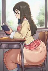 mochipawg nichijou minakami_mai ai_generated 1girls female female_only solo solo_female indoors classroom school_desk chair sitting window thick voluptuous curvy thick_thighs sweat ass big_ass fat_ass large_ass huge_ass brown_hair long_hair brown_eyes glasses reading book holding_book school_uniform long_sleeves skirt microskirt