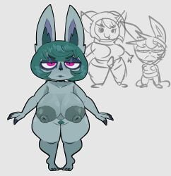 1girl annoyed_expression background_characters barefoot breasts bunny_ears bunny_girl clawed_feet feet full_body green_pubic_hair huge_breasts huge_nipples lagomorph league_of_legends nipple_indentation nipple_indents pigeon_toed pubes pussy rabbit_ears rabbit_girl shortstack sketch standing t_pose t_t teal_hair vex_(league_of_legends) vexvexxxy yordle