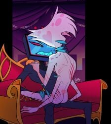 abuse angel_dust_(hazbin_hotel) bite_marks dubious_consent facing_away gay gay_sex holding_leg missionary_position scratch_marks scratching sitting sitting_on_lap vox_(hazbin_hotel)