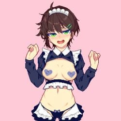 hurumero original hanekenomichi-chan animated animated_gif commentary_request 1girl areola_slip blinking blush bow bow_panties breasts brown_hair embarrassed green_eyes hair_ornament hairclip heart_pasties long_sleeves looking_at_viewer maid_headdress messy_hair navel open_mouth panties pasties pink_background pixel_art reverse_outfit short_hair shrug_(clothing) simple_background solo stomach string_panties teeth tongue tsurime underwear