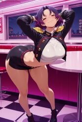 kiraamane ai_generated patreon seductive sexy uncensored watermark hi_res high_quality high_resolution yakumo_ezo mato_seihei_no_slave checkered_floor checkered checkered_background tile_floor argyle tiles 1girl argyle_background breasts perspective purple_hair solo short_hair smile chess_piece skirt race_queen looking_at_viewer miniskirt red_eyes cropped_jacket black_skirt huge_breasts full_body boots large_breasts argyle_legwear arms_behind_head thighs