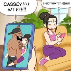 1boy 1girls black_hair blogicomics blush cassey_(blogicomics) cheating cheating_husband cheating_wife comic comic_page dark-skinned_male dialogue drooling implied_sex instagram interracial juxtaposition phone sports_bra webcomic yoga_pants