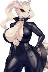 saedelaere hi_res 2026 white_background nintendo pokemon pokemon_(species) generation_5_pokemon legendary_pokemon reshiram anthro 1girls female female_only solo blue_eyes eyelashes big_breasts huge_breasts hand_on_hip bodysuit unzipped unzipped_bodysuit inner_sideboob thick_thighs black_bodysuit