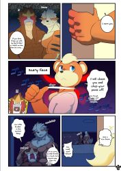 absurd_res anthro arcanine balls bed bodily_fluids ceiling comforting comic dialogue door english_text entei entei_(shinobiya) furniture generation_1_pokemon generation_2_pokemon genitals growlithe hi_res legendary_pokemon male male/male meme menacing_(meme) muscular muscular_male natsu_(shinobiya) nintendo nipples nude penis pokemon pokemon_(species) scared shinobiya star tail tears text threatening windy_(shinobiya)