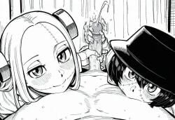 1boy 2girls ai_generated black_and_white bolts breasts clothed clothes clothing coat double_handjob female flat_chest franken_fran hand_on_penis handjob hat head_on_chest long_hair looking_at_viewer madaraki_fran madaraki_veronica male manga_style medium_breasts monster_girl paigen patchwork_skin penis pov scar shirt short_hair stitches sucking_nipples zombie zombie_girl