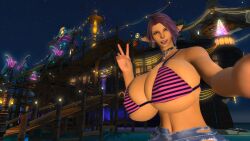 1girls 3d artist:amicea bikini bikini_top breasts breasts_bigger_than_head denim denim_shorts elezen elf elf_ears elf_female final_fantasy final_fantasy_xiv gpose_(ffxiv) huge_breasts light_skin light_skinned_female necklace orange_eyes outdoors peace_sign pov pov_eye_contact purple_hair self_upload selfie smile smile_at_viewer solo solo_female stripes tight_clothing