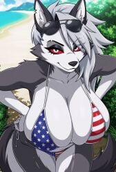1female 1girls ai_generated american_flag_bikini anthro beach beautiful big_breasts bikini breasts canid canine canis demon demon_girl ear_piercing ears female furry furry_only goth goth_girl grey_body grey_fur grey_hair hellhound helluva_boss hi_res high_resolution highres long_hair looking_at_viewer loona_(helluva_boss) mildlyflirty multicolored_fur mythological_canine mythological_creature mythology ocean outdoors outside red_sclera sand sea sexy silver_hair smile smiling smiling_at_viewer sunglasses sunglasses_on_head swimsuit swimwear tagme tail two-piece_swimsuit two-tone_body two-tone_fur two-tone_tail vivienne_medrano vivziepop water white_body white_eyes white_fur wolf wolf_girl wolf_humanoid wolf_tail