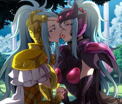 2girls after_kiss arai_nobu armor blue_eyes breasts female gemini_integra gemini_paradox gold_saints hair_ornament half-closed_eyes human incest kissing large_breasts lips lipstick long_hair mask multiple_girls neutral_mask open_mouth pale-skinned_female pale_skin pallasites pauldrons pink_eyes ponytail saint_seiya saint_seiya_omega saliva shoulder_armor shoulder_pads sisters tongue twins yuri