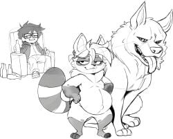 sdamhp_artist shiro_beil miko_(miko's_trash_can) delgado_(beverly_hills_chihuahua) furry furry_female raccoon_girl raccoon_ears raccoon_tail cap pregnant pregnant_female pregnant_focus german_shepherd zoophilia_pregnancy interspecies cuckold beverly_hills_chihuahua disney beer glasses armchair glasses_on_head sketch argentinian_male colombian_female dog hispanic_male hispanic_female hispanic_youtuber youtube_hispanic