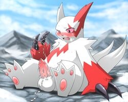 balls blush claws cum cum_on_floor cum_on_hand fur fur_markings furry furry_only hindpaw kivwolf male male_only nintendo outside pawpads paws penis pokemon pokemon_(species) solo sweat tapering_penis video_games white_fur zangoose