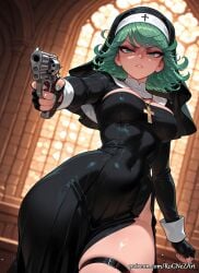 1girl 2026 ai_generated anime black_dress boobs breasts church cleavage covered_navel cross cross_necklace crossover curly_hair dress eye_contact female female_focus fingerless_gloves gloves green_eyes green_hair green_nails gun habit handgun handwear highres holding holding_gun holding_weapon indoors inside jewelry looking_at_viewer medium_breasts nail_polish necklace nsfw nun one-punch_man patreon rognezart short_hair side_slit solo tatsumaki thick_thighs thigh_strap thighs weapon