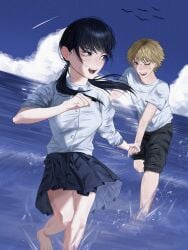 1boy 1girl bird black_hair blonde_hair blue_eyes blue_sky blush chainsaw_man cloud commentary_request couple denji_(chainsaw_man) highres mitaka_asa ocean running seagull sky splashing tristan358358