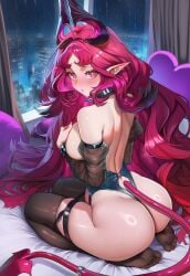 1girls ai_generated arknights ass ass_focus blush collar demon_girl demon_horns demon_tail devil_horns devil_tail hands_on_breasts highres horns large_breasts leotard liu_(artist) looking_at_viewer looking_back night nymph_(arknights) on_bed on_knees pointy_ears red_hair seiza shy solo stockings tail thighhigh_stockings thighhighs voluptuous voluptuous_female