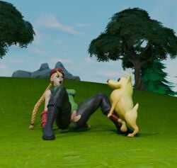 3d 3d_(artwork) amazed blonde_hair cammy_white cammy_white_(fortnite) different_eye_color dog dog_ears dog_penis dog_tail epic_games excited excited_face excited_female facial_expressions female feral feral_on_human fortnite fortnite:_battle_royale grabbing green_shirt holding holding_feral holding_object iam_yann interspecies peels_(fortnite) penis penis_out scared scared_expression scared_face size_difference tagme yellow_body yellow_hair zoophilia