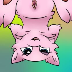 abstract_background anoddscot blue_eyes female fur hindpaw legendary_pokemon looking_at_viewer mew nintendo one_eye_closed pawpads paws pink_fur pokemon pokemon_(species) solo spread_legs spreading straight_hair upside-down video_games wink