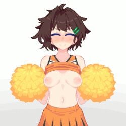 1girls ahoge animated animation armpits blush bouncing_breasts breasts breasts_out brown_hair cheerleader cheerleader_uniform closed_eyes closed_mouth clothes_lift female female_focus female_only furumero hair_ornament hairclip hanekenomichi-chan hurumero jumping light-skinned_female light_skin midriff navel orange_clothing pixel_animation pixel_art pom_poms pulled_up_shirt skirt solo solo_female upper_body