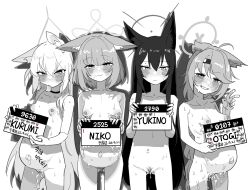 4girls animal_ear_fluff animal_ears asahina_yoshitoshi big_belly blue_archive blush body_writing breasts choker closed_mouth commentary_request completely_nude fox_ears greyscale grin halo highres holding holding_sign kurumi_(blue_archive) long_hair monochrome multiple_girls navel niko_(blue_archive) nipples nude otogi_(blue_archive) pregnant pussy_juice sign simple_background small_breasts smile tally v very_long_hair white_background yukino_(blue_archive)