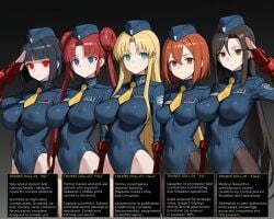 5girls ai_generated arms_at_sides badge bare_legs black_hair blank_eyes blonde_hair blue_eyes blue_leotard blunt_bangs brainwashed brainwashing breasts brown_eyes corrupted corruption covered_navel covered_nipples curtained_hair english english_text fingerless_gloves garrison_cap gauntlets gradient_background green_eyes hair_between_eyes hair_bun hat hypnotized large_breasts leotard lineup long_hair long_sleeve_leotard long_sleeves looking_ahead looking_at_viewer medium_breasts mind_control multiple_girls necktie notreallyhere original_character original_characters pantyhose parted_bangs red_eyes red_gloves red_hair ribbed_leotard salute shadaloo shadaloo_dolls short_hair sidelocks standing street_fighter text text_box twintails very_long_hair yellow_necktie