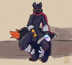 animal_genitalia animal_penis anthro balls bandage black_body black_fur blush bodily_fluids canid canine canine_genitalia canine_penis canis casualties:_unknown clothing cum erection expie_(gunsawian) feet fingers fur genital_fluids genitals gunsawian hi_res hybrid knot lube male male/male mammal masturbation murid nipples nude open_mouth orange_eyes orange_genitals orange_penis paws penis rodent simple_background sitting solo tail toes yellow_eyes yellow_genitals yellow_penis zerbug