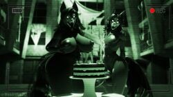 anthro big_breasts big_penis black_body black_fur blender_(artwork) breasts cake camera_view canid canine dessert digital_media_(artwork) duo female femboy food fur genitals hi_res male male/female mammal penis scp-1471 scp-1471-a_(da.nilkaz) scp-1471-a_(scrag) scp_foundation skulldog_(species) wonderfox712