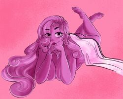 beautiful beautiful_girl breasts breasts_out cloth eros eros_(lore_olympus) genderbend genderswap genderswap_(mtf) long_hair lore_olympus pink_body pink_eyes pink_hair pink_skin playful rule_63