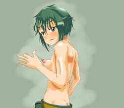 artist_request ass belt blush bottomwear breast_lifted_by_nipple breasts clothing female green_eyes green_hair human kino kino_no_tabi looking_at_viewer nipple_pull nude ouch pants short_hair simple_background small_breasts solo steam string topless