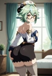 1girl ai_generated animal_ears ass back bare_shoulders bed bedroom beret black_shorts blue_hair blush book breasts cat_ears closed_mouth curtains from_behind genshin_impact glasses gold_trim green_hair grey_thighhighs hair_between_eyes hat hexogen holding_book indoors long_hair long_sleeves looking_at_viewer looking_back multicolored_hair off_shoulder on_bed orange_eyes pillow plant potted_plant semi-rimless_eyewear shirt short_hair short_shorts shorts smile solo streaked_hair sucrose_(genshin_impact) thighhighs thighs under-rim_eyewear white_hat window yellow_eyes