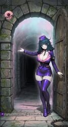 big_breasts chain chain_accessory chains choker cleavage corridor dark_blue_hair dark_dungeon door dungeon fishnet_pantyhose flower goemila goth_girl gothmaniac hourglass_figured_female looking_at_viewer medium_hair patreon_username purple_jacket purple_outfit purple_skirt sfw thigh_boots tour_guide turquoise_eyes