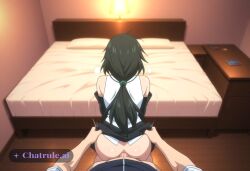 1girl ai_assisted ai_generated anime_coloring bare_legs black_hair brown_eyes depth_of_field dick_in_ass earrings from_behind hair_ornament heavy_breathing jewelry long_hair mature_female messy_hair mm necklace ponytail shirt_pulled_down skirt skirt_lifted sweaty warm_lighting white_top