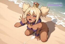 1_girl 1girl ai_assisted ai_generated awaiting_cum beach blonde_hair brawl crown cum_in_hair cum_on_face cum_on_hands dark_skinned_female fellatio_gesture full_body fur_trim kneeling mandy naked open_mouth oral_invitation short_twintails tongue_out view_from_above